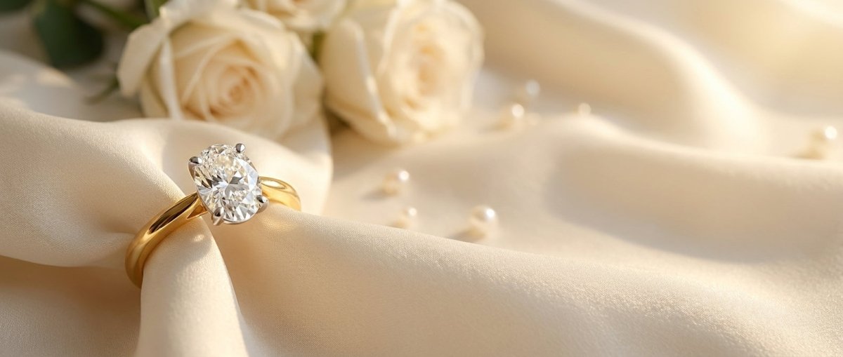 Lab-grown oval diamond engagement ring in 14K yellow gold on cream silk with white roses and pearls