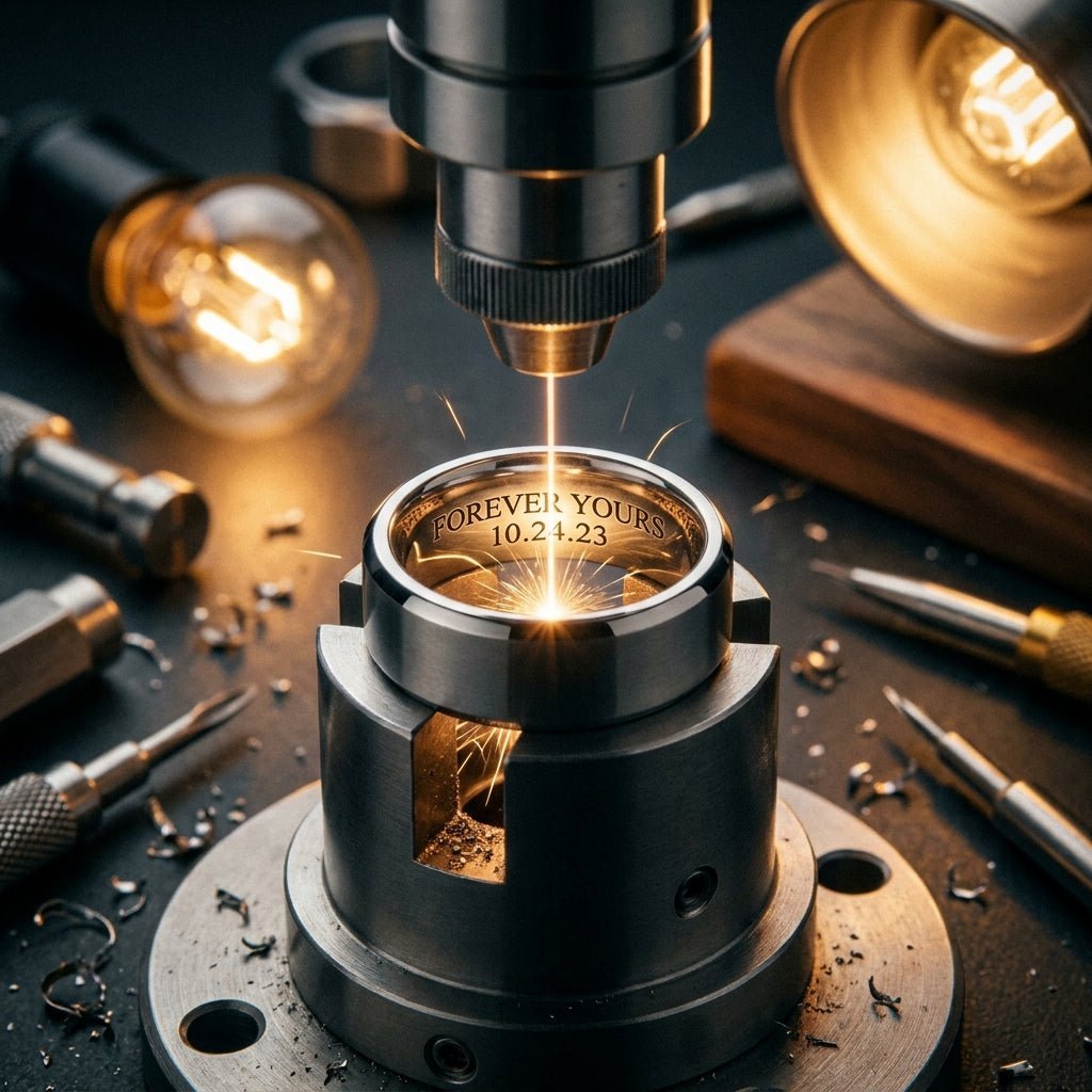 Laser engraving on the inside of an Aydins wedding band
